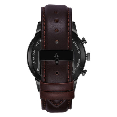 Trnda Men's Stainless Steel Black Watch, Brown Leather Band | Trn-43mm-Bl