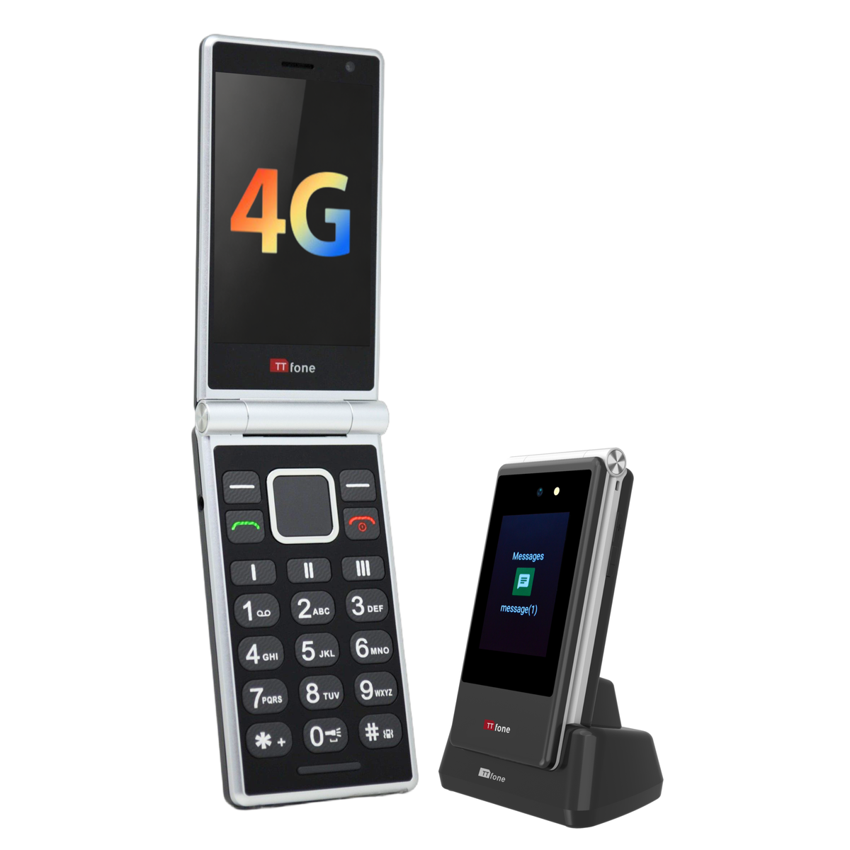 Used - TTfone TT990 4G Flip Phone with Charging Cradle & O2 Pay As You Go SIM Card