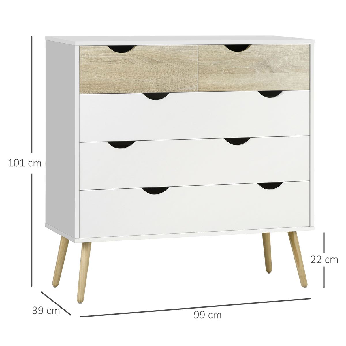 Commode 5 tiroirs Design scandinave Meuble de Rangement Chambre Panneau de Particules 99 x 39 x 101 cm Blanc Aspect chêne Clair