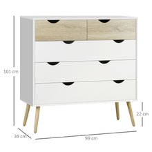 Commode 5 tiroirs Design scandinave Meuble de Rangement Chambre Panneau de Particules 99 x 39 x 101 cm Blanc Aspect chêne Clair