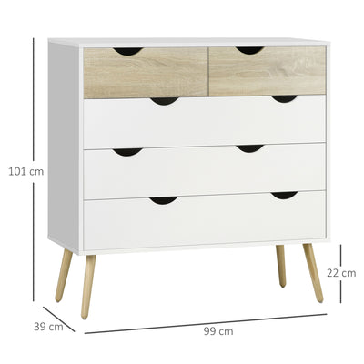 Commode 5 tiroirs Design scandinave Meuble de Rangement Chambre Panneau de Particules 99 x 39 x 101 cm Blanc Aspect chêne Clair