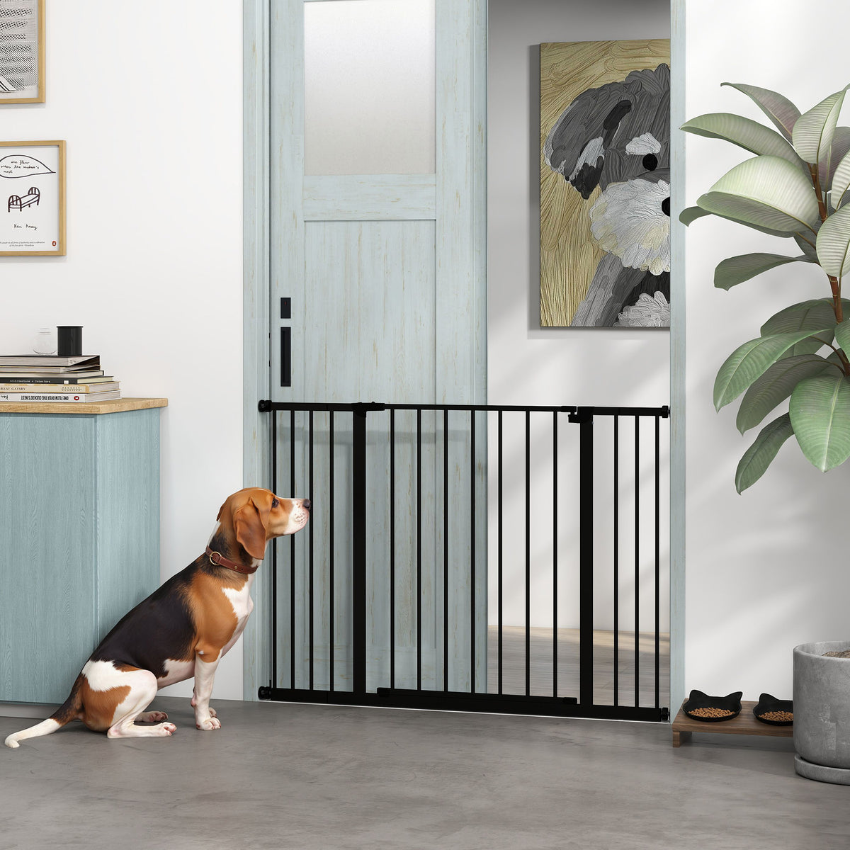 Barrière de Sécurité Chien Réglable 76-107 cm, avec 2 Rallonges (10/15 cm), Ouverture d'une Main, sans Perçage, Noir