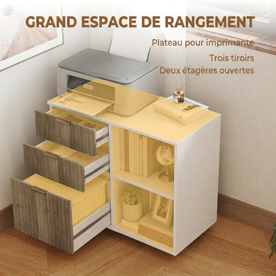 Support d'Imprimante sur Roulettes, 3 Tiroirs, 2 Étagères Ouvertes, Design Ondulé, 80x40x68cm, Blanc Chêne
