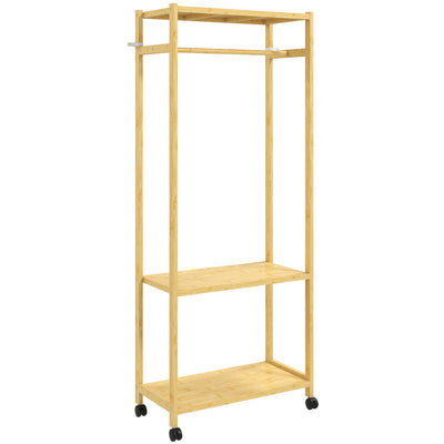 Portant à vêtements à roulettes, porte-manteau en bambou avec 2 étagères et tringle suspendue, 70x35x175cm, bois naturel