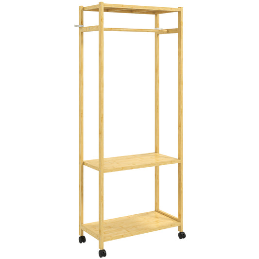 Portant à vêtements à roulettes, porte-manteau en bambou avec 2 étagères et tringle suspendue, 70x35x175cm, bois naturel