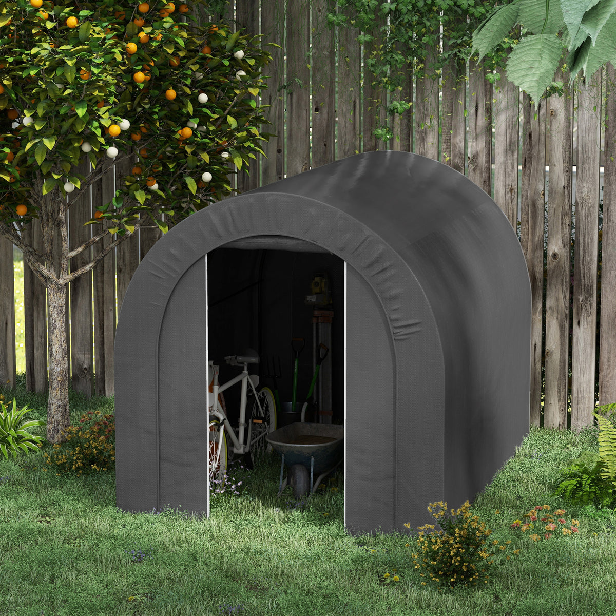 Abri de jardin tente de rangement extérieur abri de vélo garage pour vélo bâche en PE métal 2,4 x 1,8 x 1,9 m gris foncé