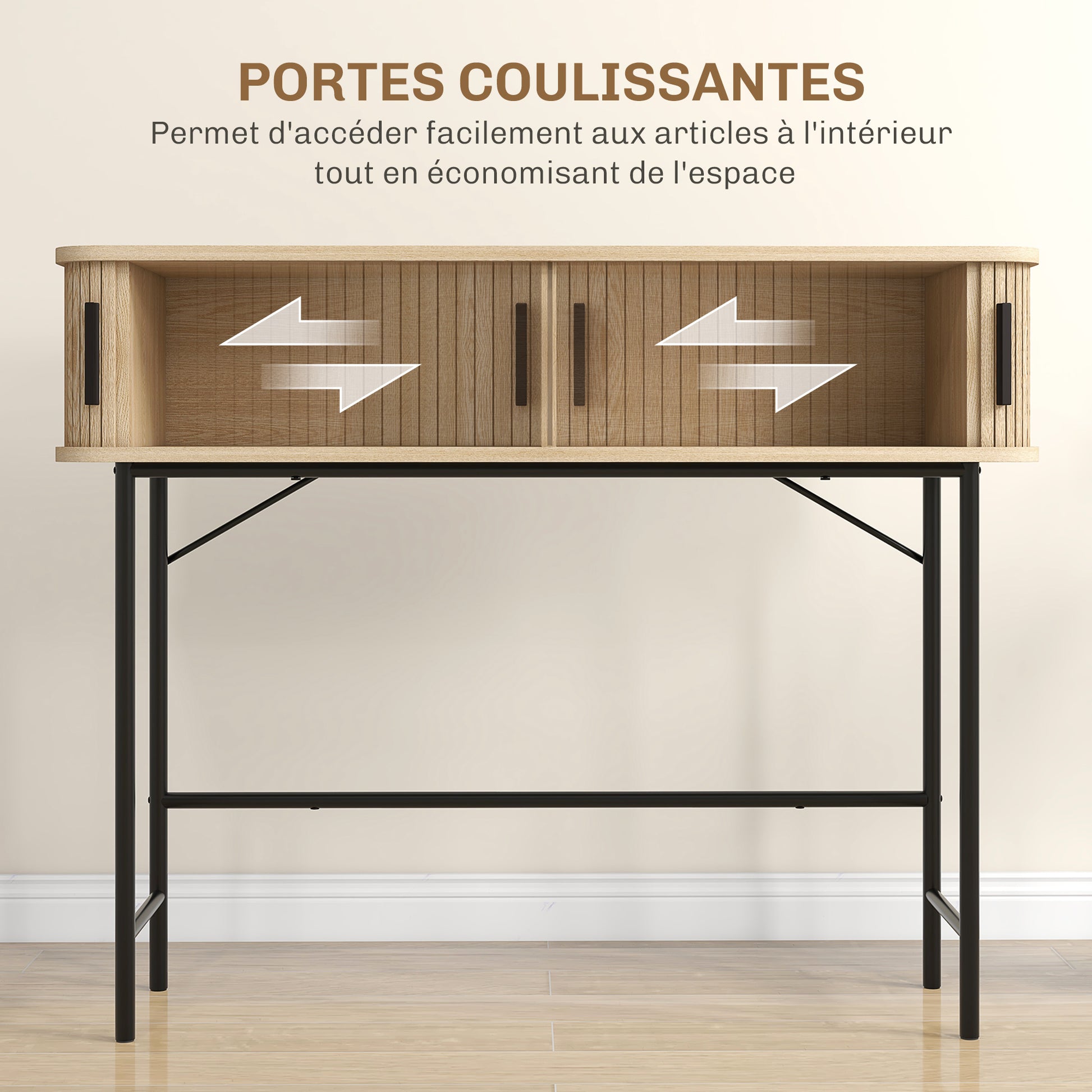Console meuble, table console avec portes coulissantes à lattes et pieds en acier, pour salon, chêne et noir
