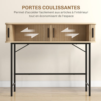 Console meuble, table console avec portes coulissantes à lattes et pieds en acier, pour salon, chêne et noir