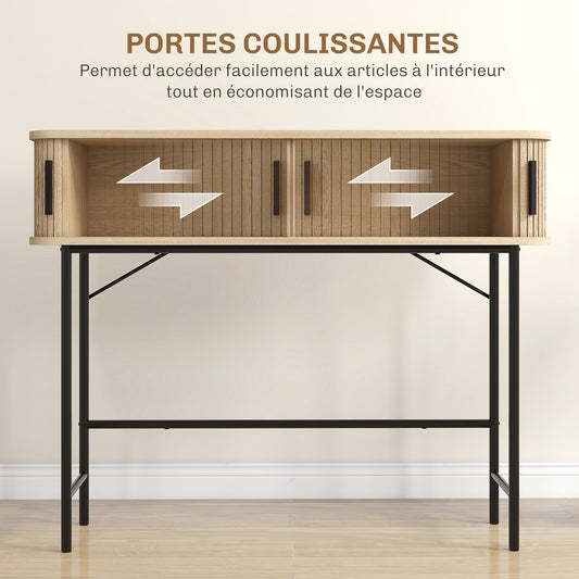 Console meuble, table console avec portes coulissantes à lattes et pieds en acier, pour salon, chêne et noir