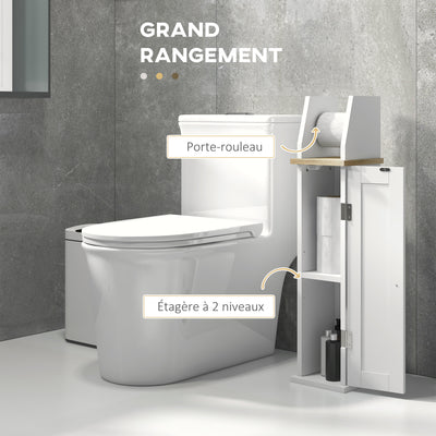 Meuble de salle de bain support papier toilette avec placard et étagère réglable 18 x 20 x 80 cm blanc