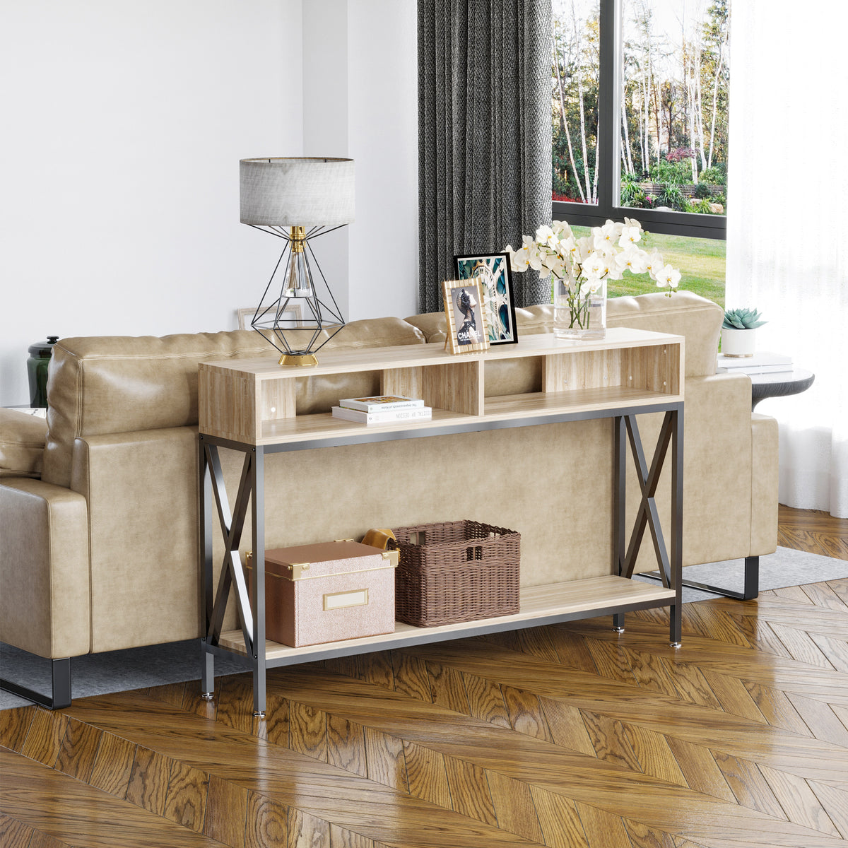 Table Console Table d'Entrée Industriel Multi-rangements 120 x 23,5 x 75 cm Bois Chêne