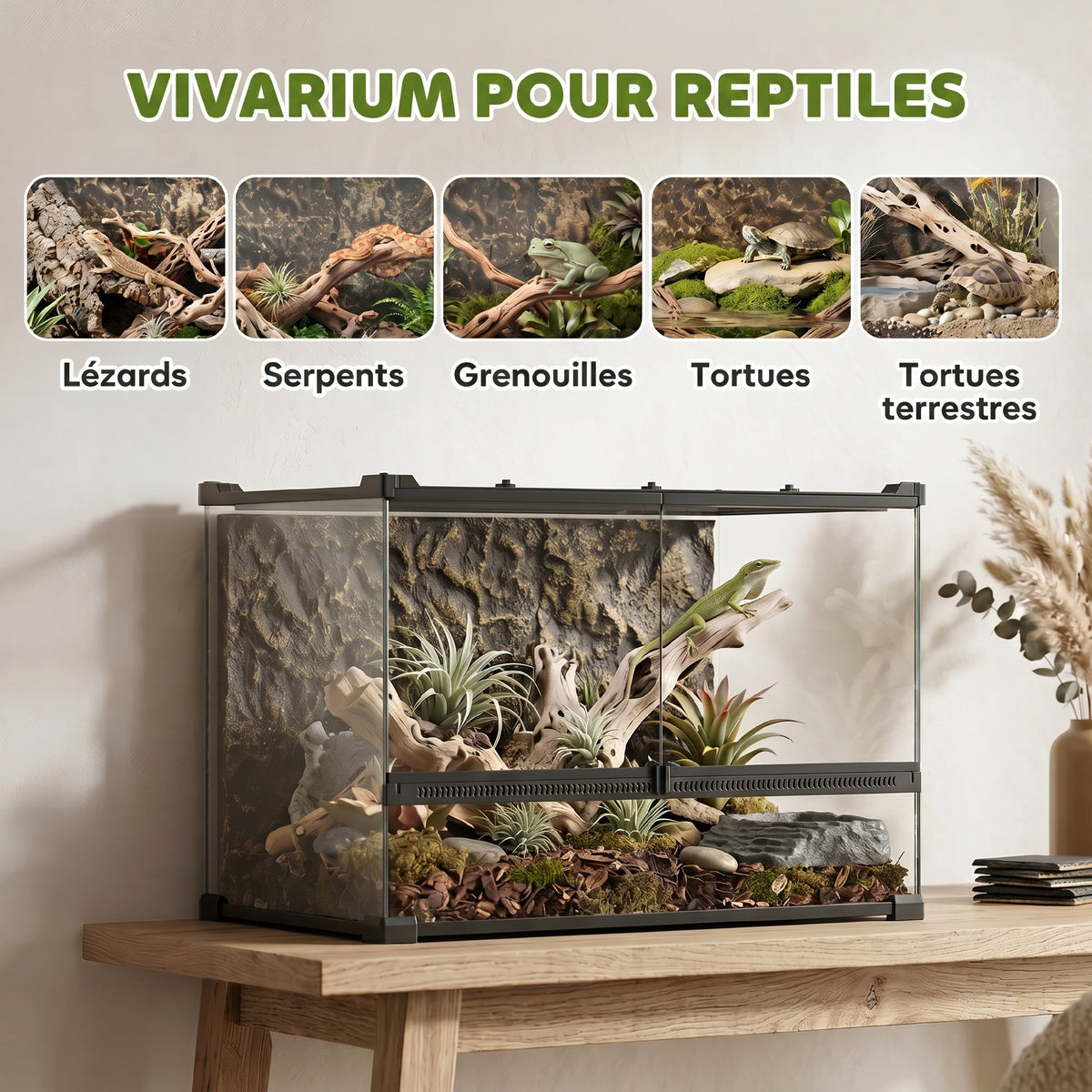 Boîte à Reptiles avec Panneau de Fond, Fermeture Sécurisée Par Rotation, Ventilation Frontale, 50x30x35cm, Noir