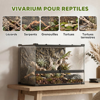 Boîte à Reptiles avec Panneau de Fond, Fermeture Sécurisée Par Rotation, Ventilation Frontale, 50x30x35cm, Noir