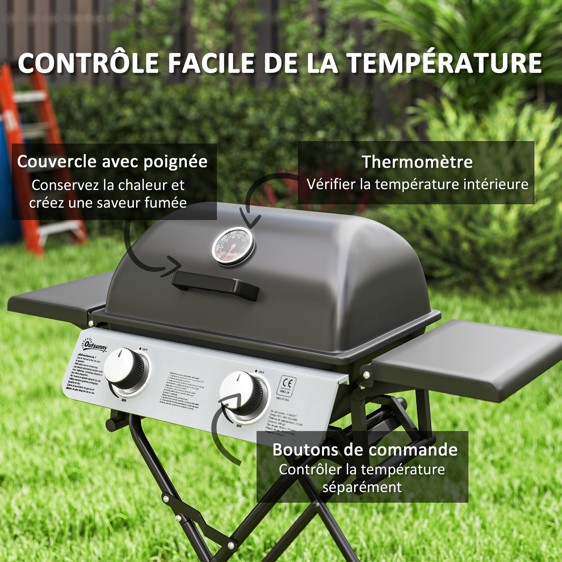 Barbecue gaz transportable, 2 brûleurs 5,6 kW, barbecue gaz de camping avec étagères latérales thermomètre et roues, noir