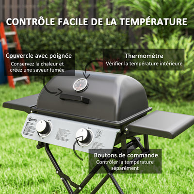 Barbecue gaz transportable, 2 brûleurs 5,6 kW, barbecue gaz de camping avec étagères latérales thermomètre et roues, noir