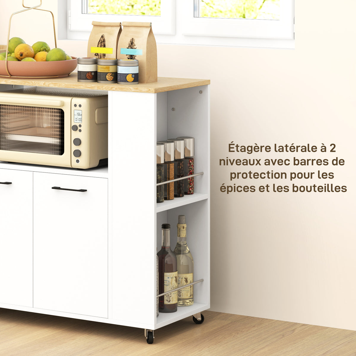 Desserte de cuisine à roulettes, Îlot central cuisine avec plan de travail et étagère réglable, 75x40x80,5cm, blanc