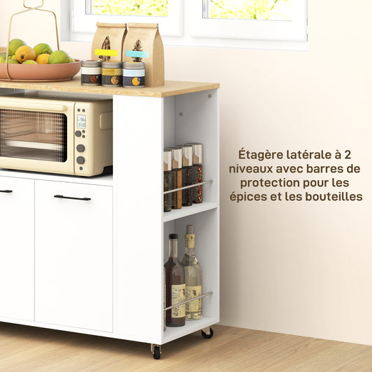 Desserte de cuisine à roulettes, Îlot central cuisine avec plan de travail et étagère réglable, 75x40x80,5cm, blanc