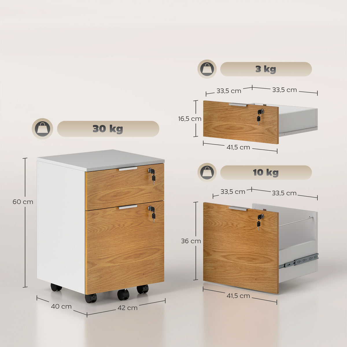 Caisson de bureau, meuble de rangement 2 tiroirs 2 barres pour dossier suspendu, verrouillable avec 2 clés 42x40x60 cm
