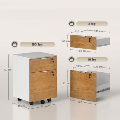 Caisson de bureau, meuble de rangement 2 tiroirs 2 barres pour dossier suspendu, verrouillable avec 2 clés 42x40x60 cm