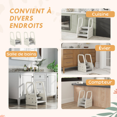 Marchepied enfant escabeau 3 marches pour enfants hauteurs réglables de 3 à 2 marches 43 x 42 x 65,5 cm gris
