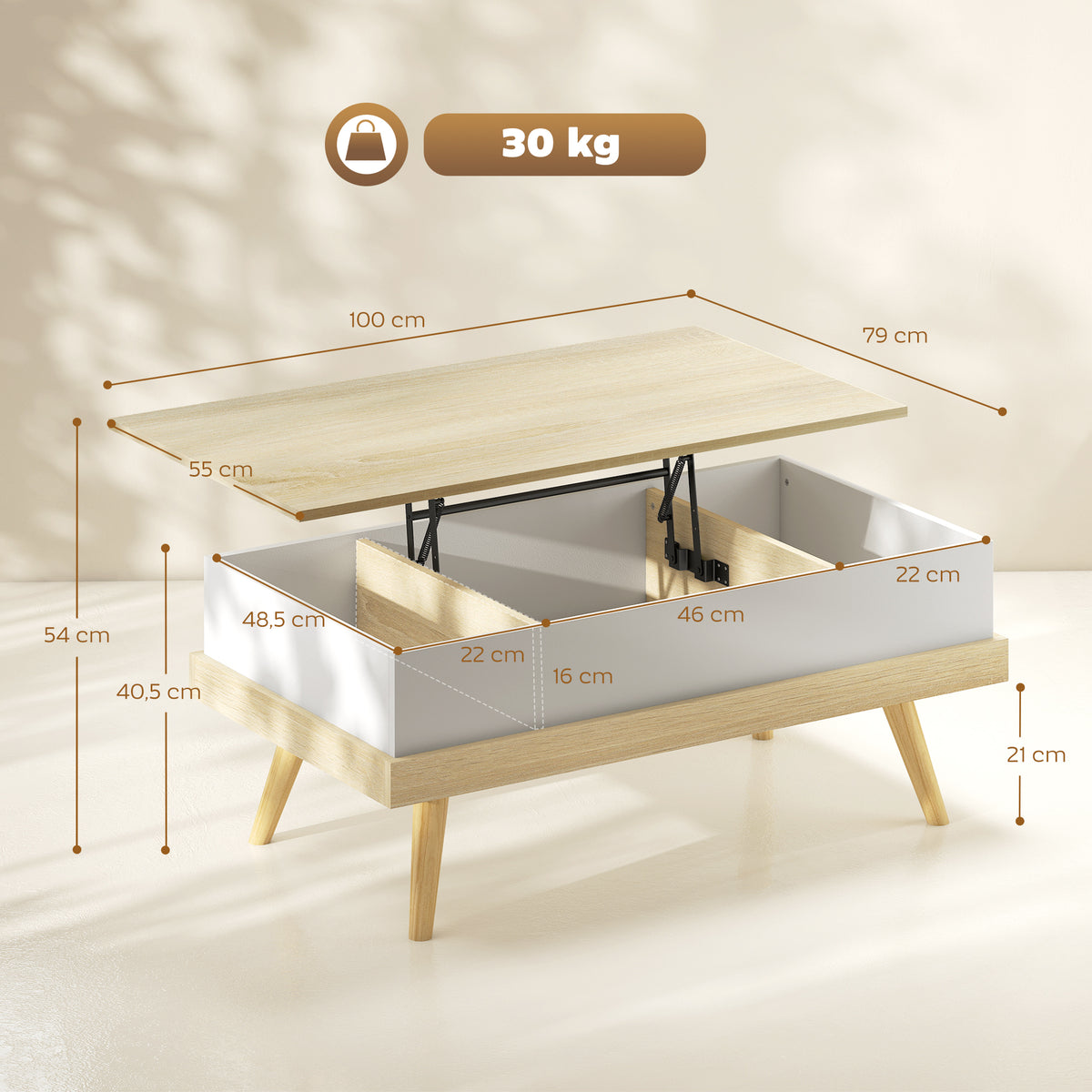 Table Basse Relevable avec 3 Compartiments Cachés, Table de Salon Moderne, Pieds en Bois, 100x79x54cm, Naturel Blanc
