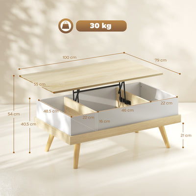 Table Basse Relevable avec 3 Compartiments Cachés, Table de Salon Moderne, Pieds en Bois, 100x79x54cm, Naturel Blanc