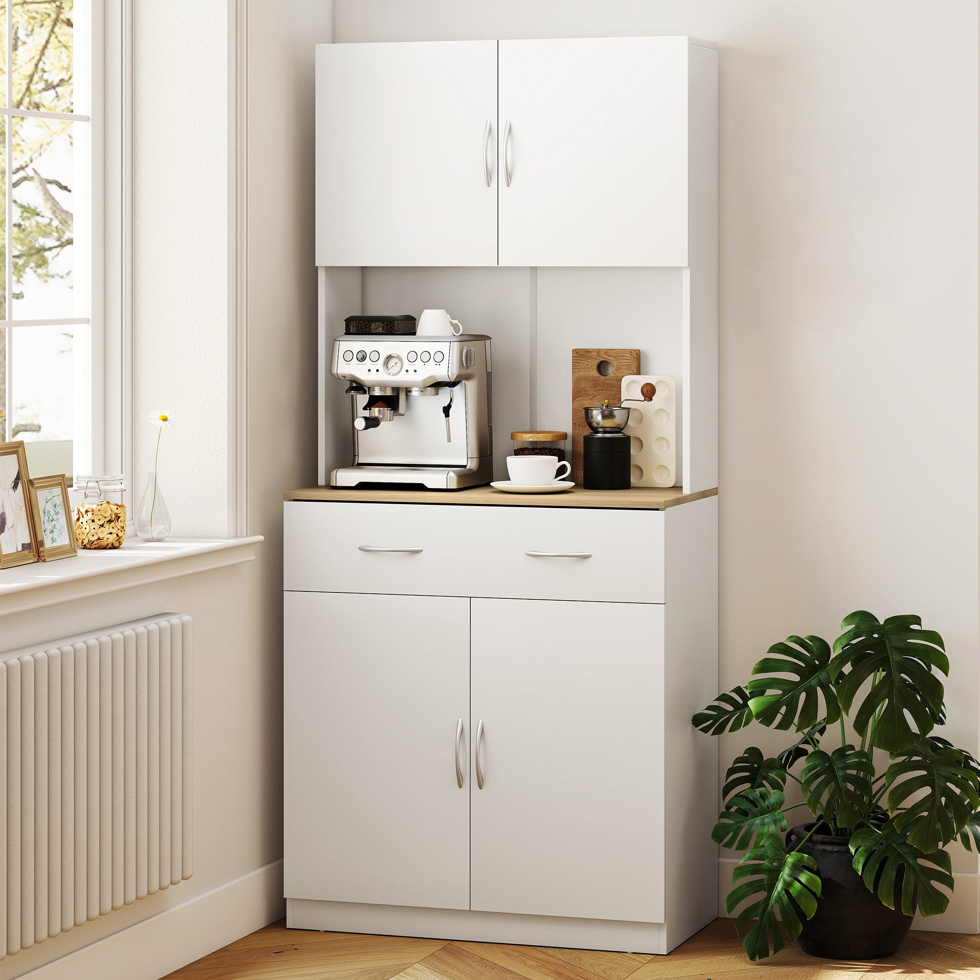 Buffet haut cuisine, armoire de cuisine, 4 portes, tiroir, plan de travail et étagères réglables, 80x40x180cm, blanc