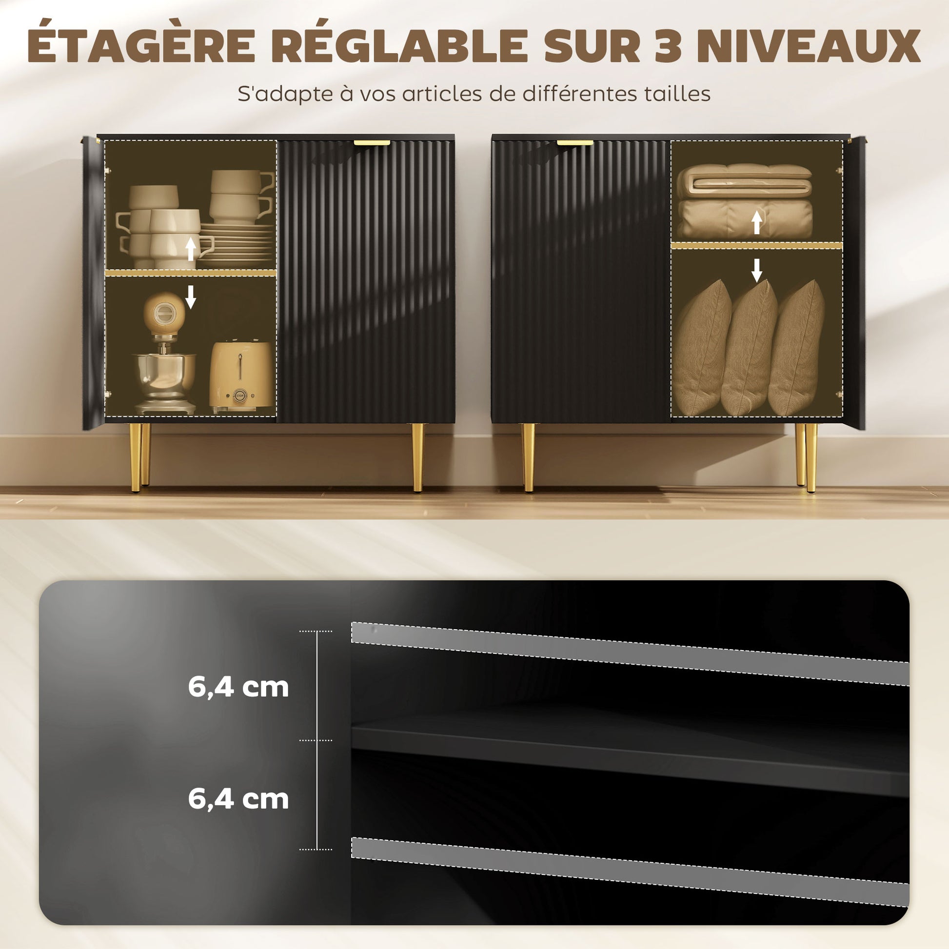 Buffet cuisine meuble de rangement avec 2 portes étagère réglable pieds métalliques surélevés 80 x 40 x 80 cm noir