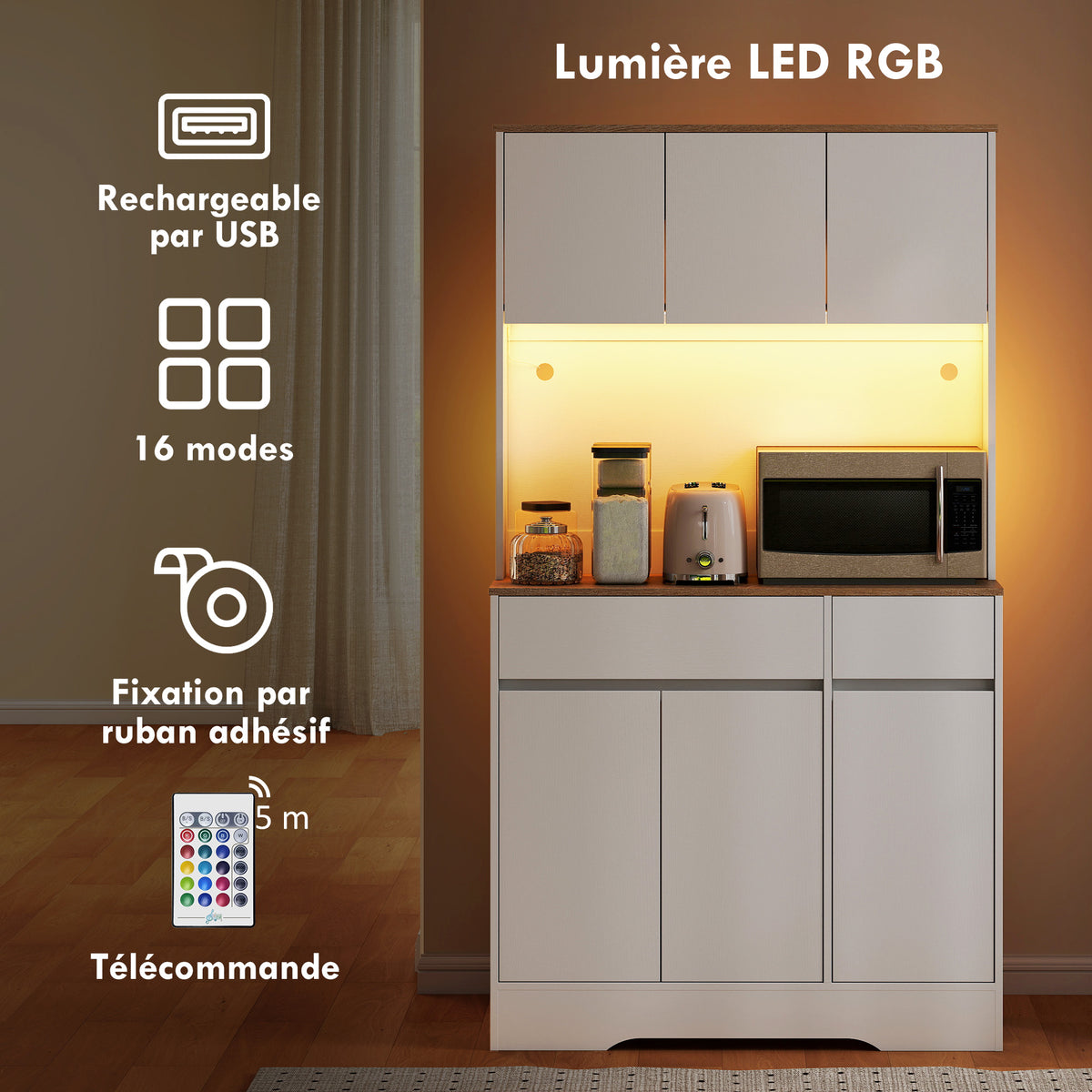Buffet cuisine meuble cuisine rangement haut avec lumière LED RGB, plan de travail, 6 portes, 2 tiroirs, blanc