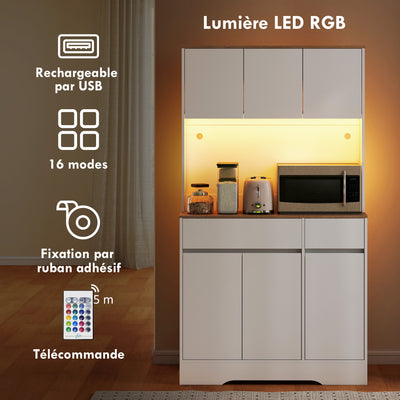 Buffet cuisine meuble cuisine rangement haut avec lumière LED RGB, plan de travail, 6 portes, 2 tiroirs, blanc