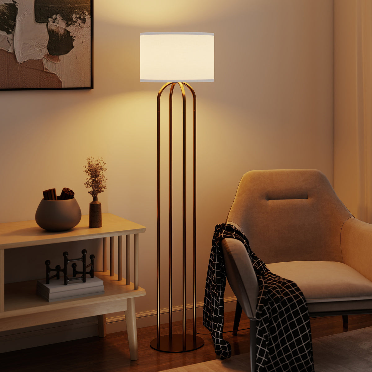 Lampadaire sur pied de salon, lampe sur pied avec abat-jour en lin et interrupteur à pied, Ø 38 x 161 cm, doré et beige