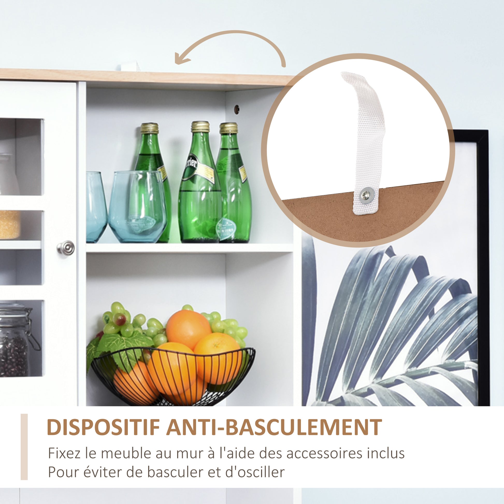 Buffet cuisine, meuble cuisine rangement haut, meuble de rangement avec plan de travail, 3 portes vitrées, 2