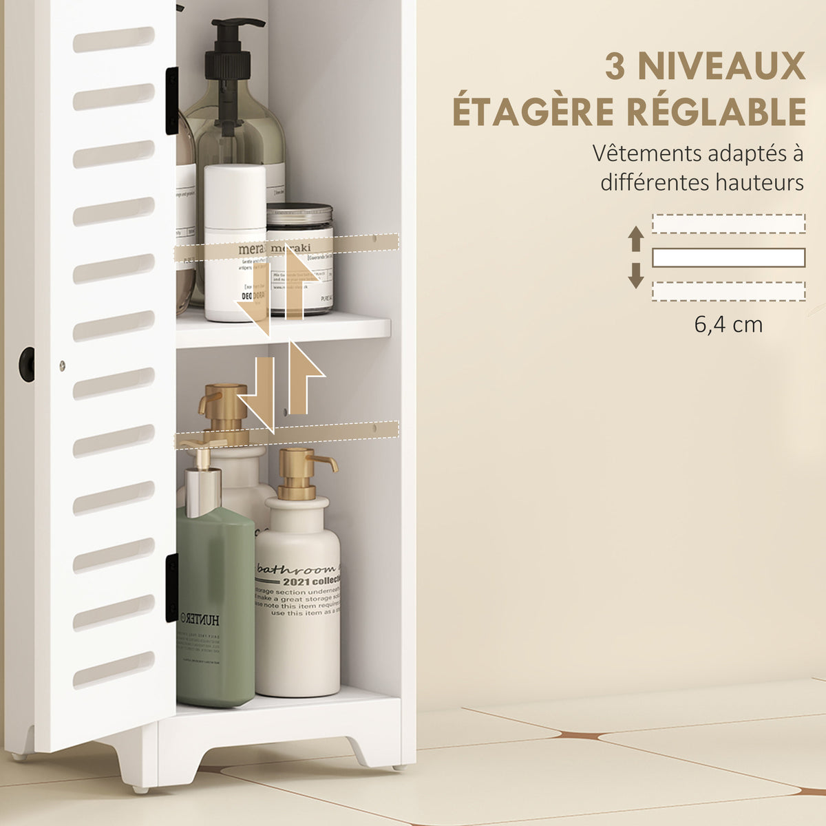 Meuble salle de bain, armoire salle de bain 4 niveaux  porte persienne, étagère ouvert, 22x20x75cm, blanc Aosom