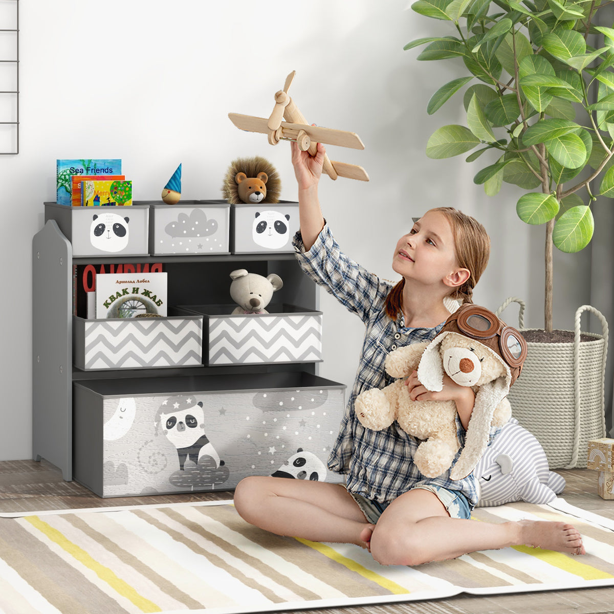 Meuble rangement enfant rangement jouet enfant 6 boîtes amovibles en tissu non tissé 63 x 30 x 66 cm gris