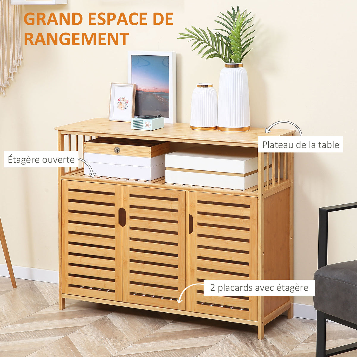 Buffet meuble de rangement 3 portes ajourées et étagères en bambou 100 x 35 x 82 cm naturel