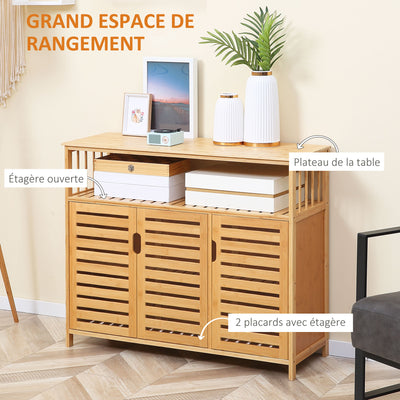 Buffet meuble de rangement 3 portes ajourées et étagères en bambou 100 x 35 x 82 cm naturel