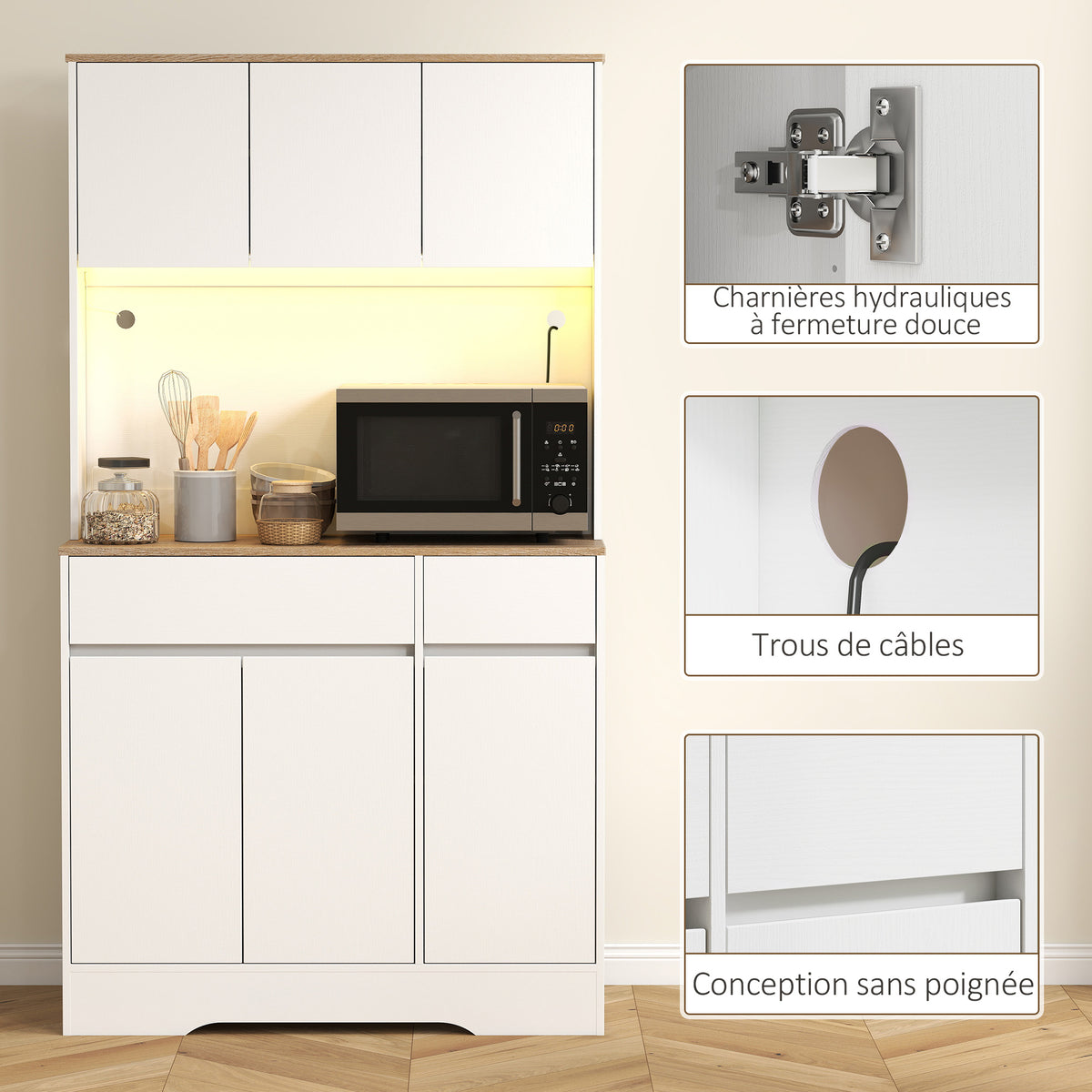 Buffet cuisine meuble cuisine rangement haut avec lumière LED RGB, plan de travail, 6 portes, 2 tiroirs, blanc