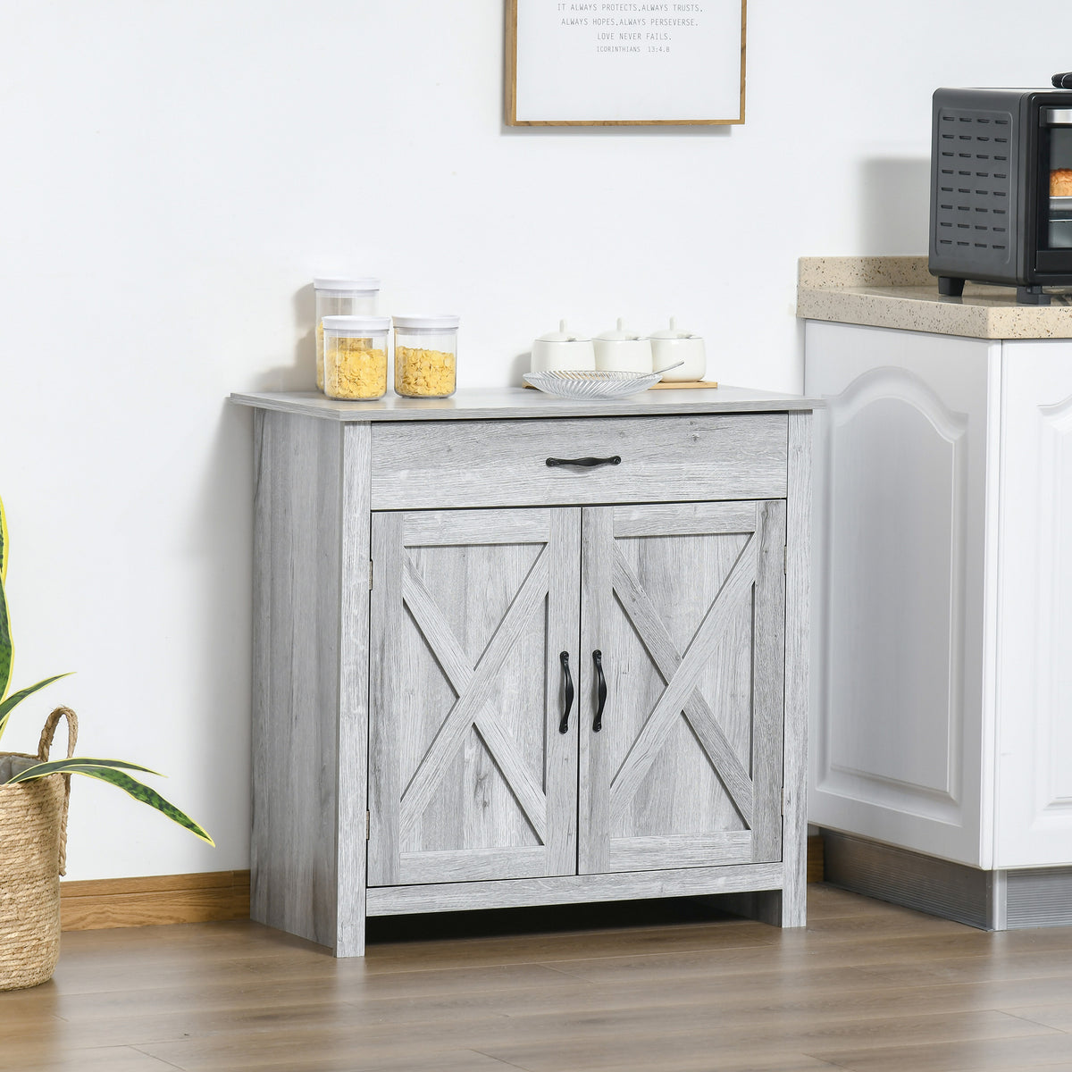 Buffet salon, meuble de rangement avec tiroir, 2 portes de grange et étagère réglable, buffet salle à manger et