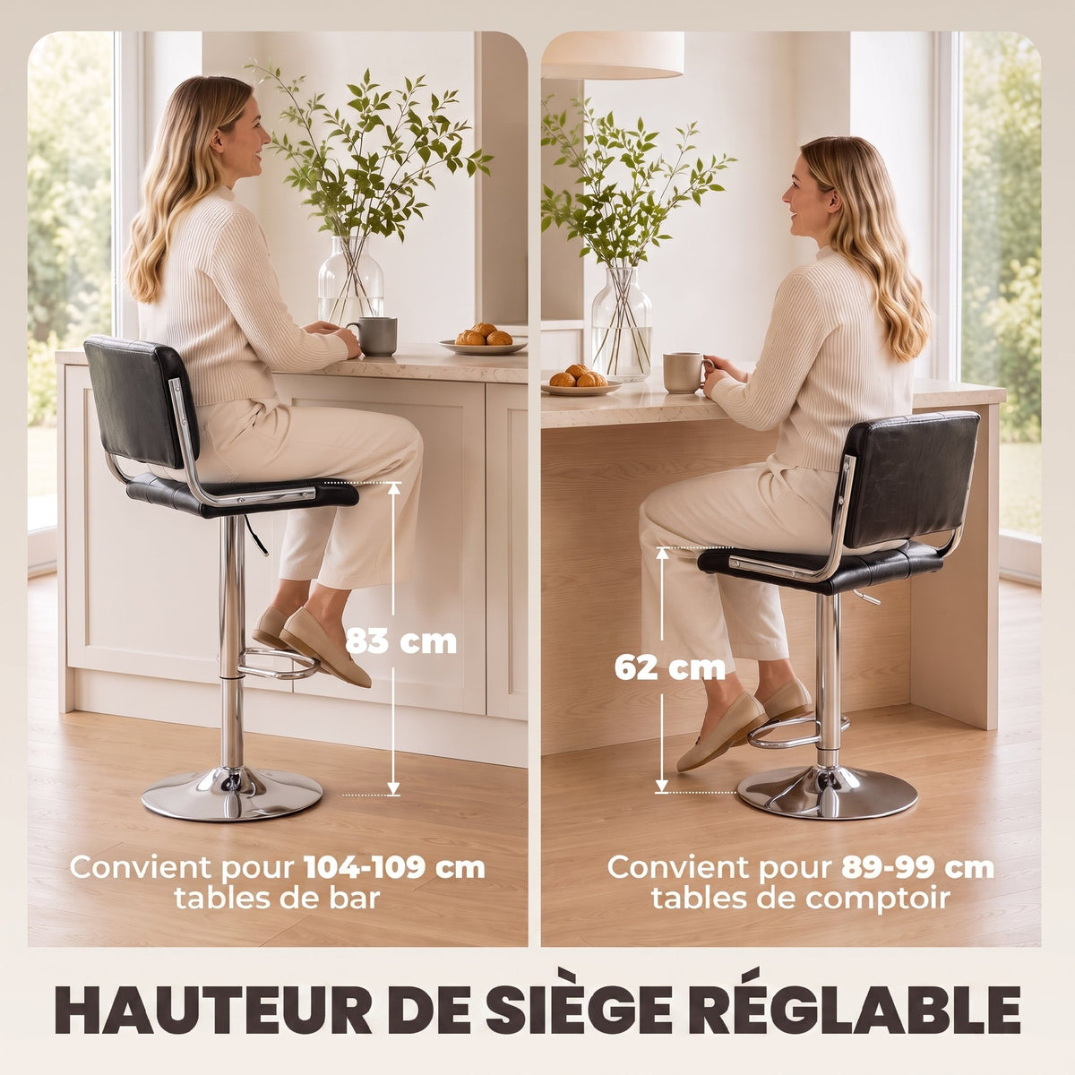 Lot de 2 tabourets de bar, hauteur réglable, pivotant 360°, siège rembourré, dossier et repose-pieds, noir