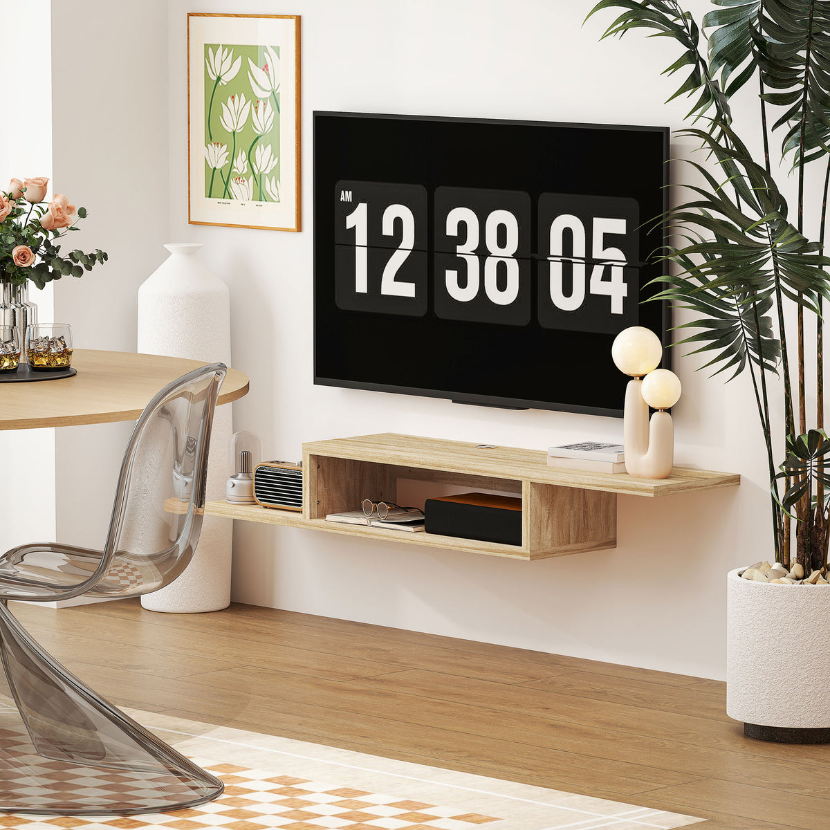 Meuble TV mural flottant suspendu support TV - étagère murale flottante - niche, passe-fils - chêne clair