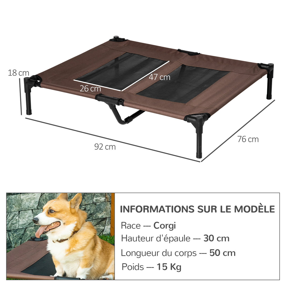 Lit sur pieds lit pour chien chat lit de camp lit surélevé animaux grand confort tissu Oxford textilène micro-perforé métal 92L x 76l x 18H cm café