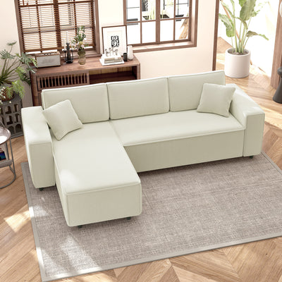 Canapé d'angle réversible 3 places moderne avec coussins inclus, tissu velours côtelé, crème