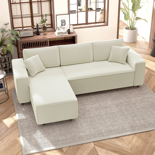 Canapé d'angle réversible 3 places moderne avec coussins inclus, tissu velours côtelé, crème