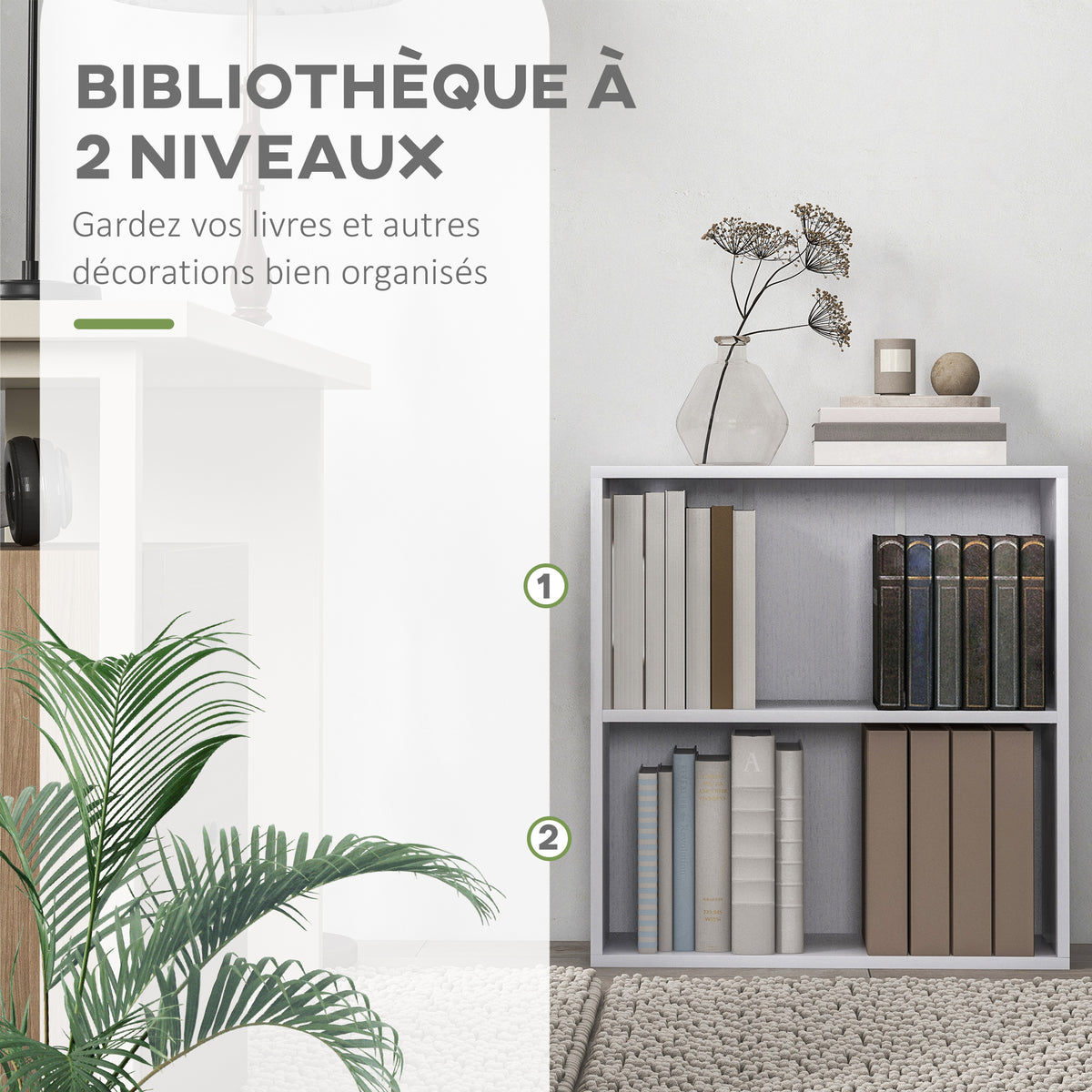 Bibliothèque étagère de rangement avec 2 compartiments et étagère réglable, 60 x 24 x 63 cm, blanc