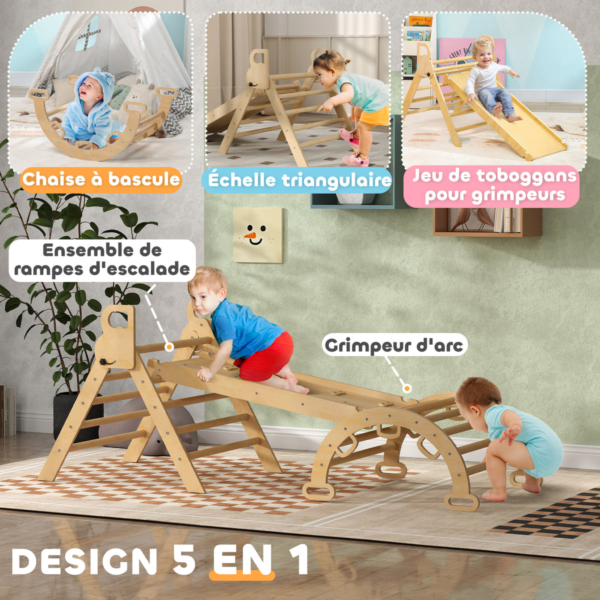 5 en 1 Triangle arche d'escalade enfants avec triangle d'escalade, rampe d'escalade réversible, bascule