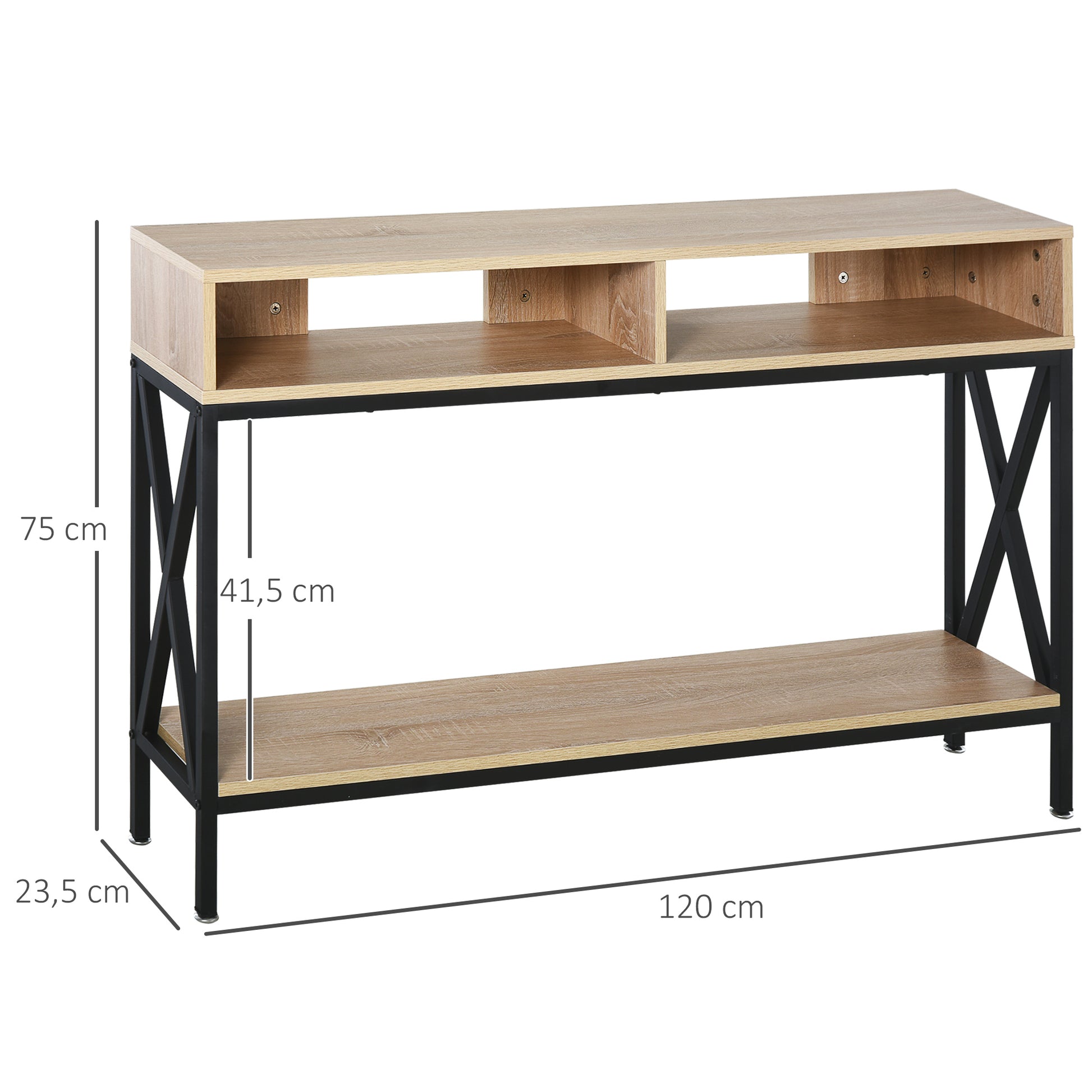 Table Console Table d'Entrée Industriel Multi-rangements 120 x 23,5 x 75 cm Bois Chêne