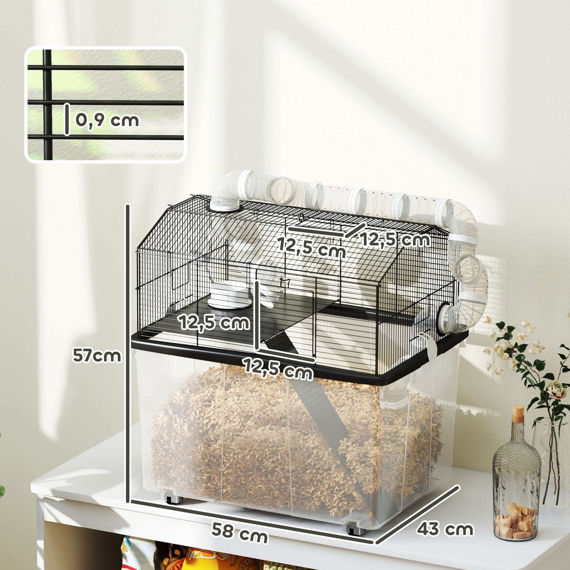 Cage pour hamster portable cage pour hamster avec rampe, gamelle, bouteille d'eau système de tuyaux 58 x 43 x 57 cm noir