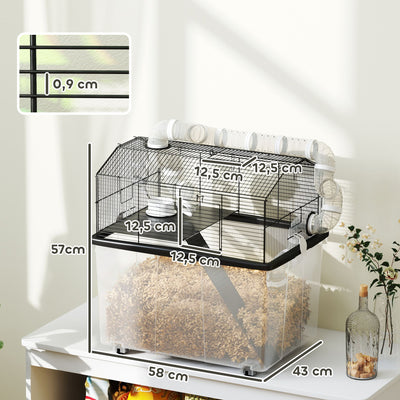 Cage pour hamster portable cage pour hamster avec rampe, gamelle, bouteille d'eau système de tuyaux 58 x 43 x 57 cm noir