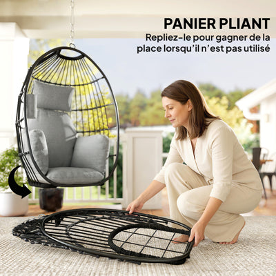 Fauteuil suspendu, fauteuil œuf suspendu, panier pliable, coussins rembourrés, porte-gobelet, oreiller, gris foncé
