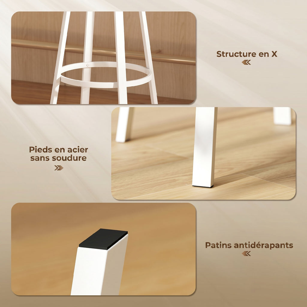 Lot de 2 tabourets de bar, chaises de bar, assise rembourrée 75,5H cm, dossier et repose-pieds, bois naturel et blanc